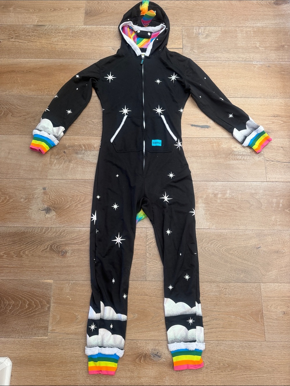 Adults Tipsy Elves Black Rainbow-Trim Unicorn Hooded One-Piece